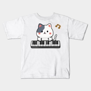 Kawaii Cute Cat Playing Piano Keyboard Kids T-Shirt